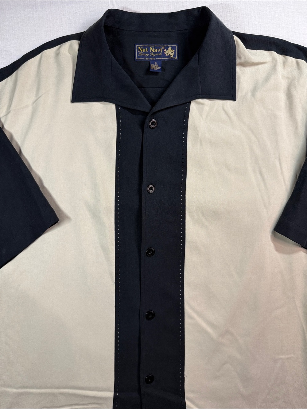 Nat Nast 100% Silk Bowling Shirt Colorblock Cream Black Retro XL